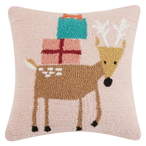 Ampersand Raindeer with Presents Hook Throw Pillow