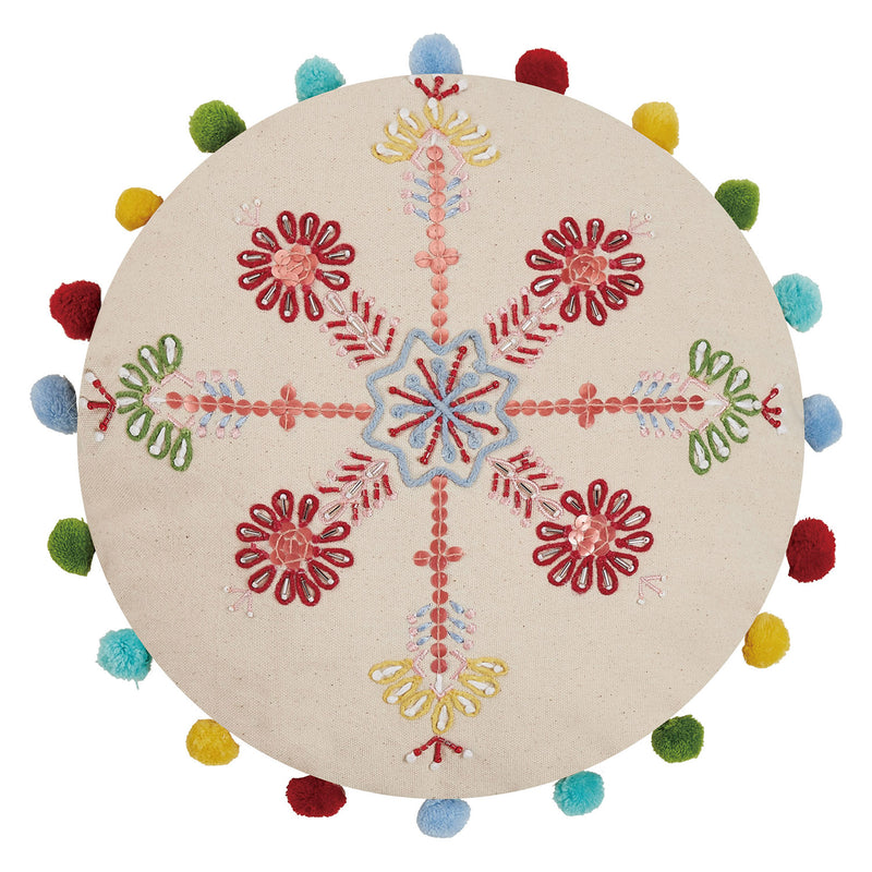 Boho Holiday Snowflake Round Embroidered Throw Pillow