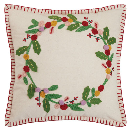 Boho Holiday Wreath Embroidered Throw Pillow