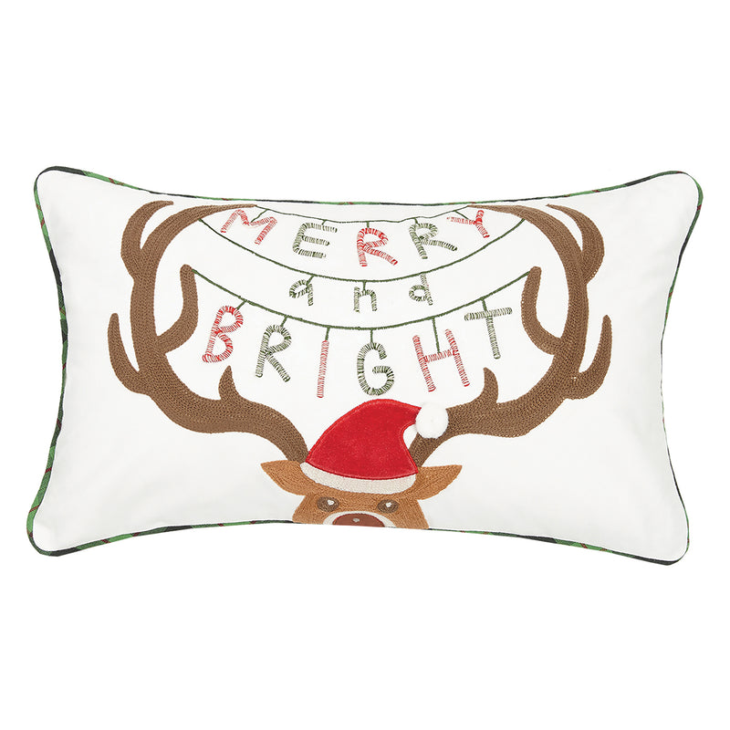 Merry And Bright Deer Crewel Embroidered Throw Pillow