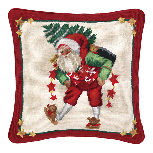 Santa Toting A Tree Needlepoint Throw Pillow