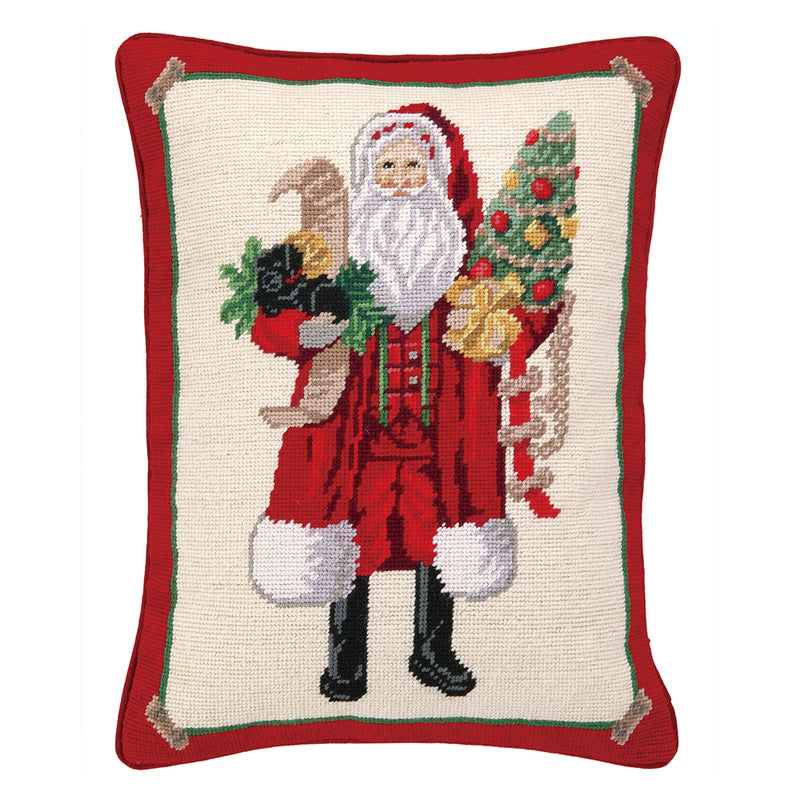 Santa and Black Puppy Needlepoint Throw Pillow