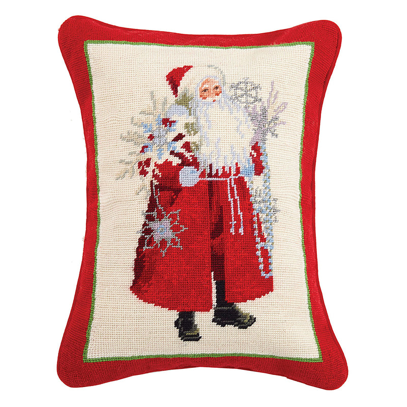 Snowflakes and Scarlet Santa Needlepoint Throw Pillow