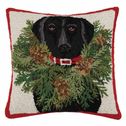 Black Lab With Wreath Hook Throw Pillow