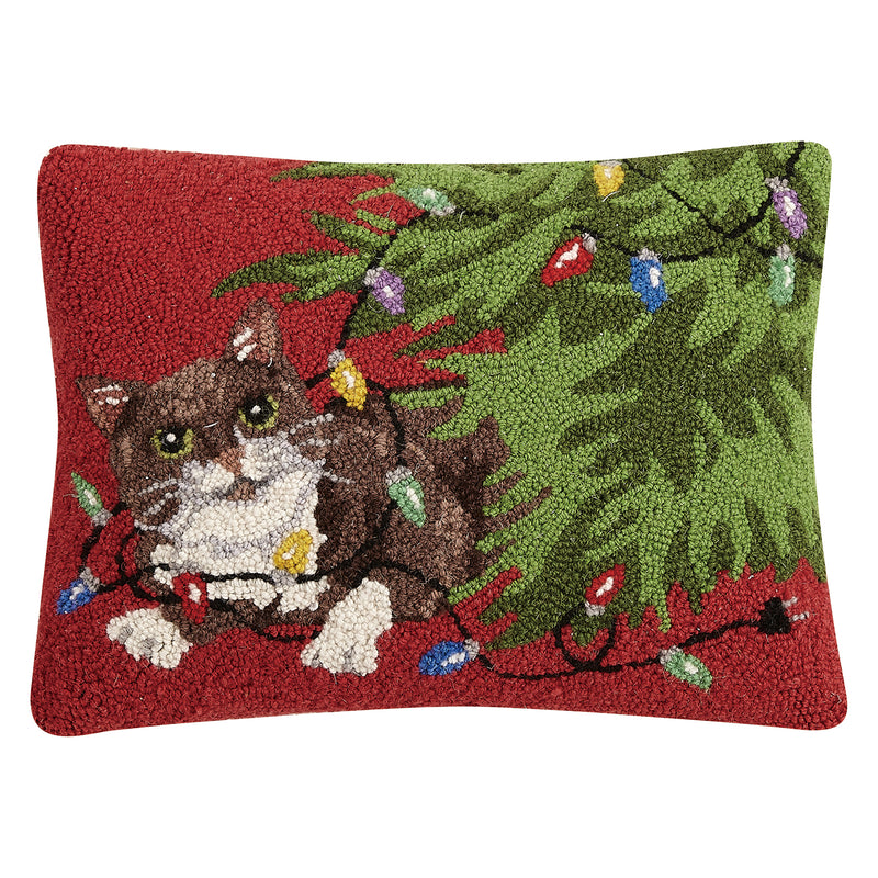 Holiday Cat Under the The Tree Hook Throw Pillow