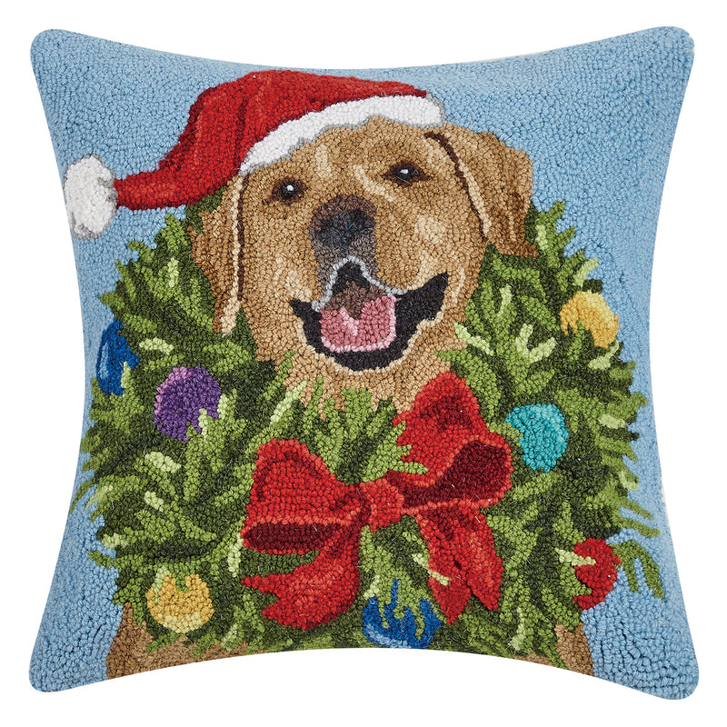 Golden Labrador With Santa Hat Hook Throw Pillow