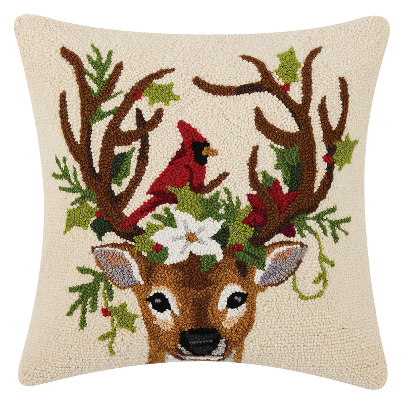 Reindeer with Cardinal Hook Throw Pillow