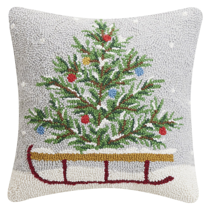 Sled With Xmas Tree Hook Throw Pillow