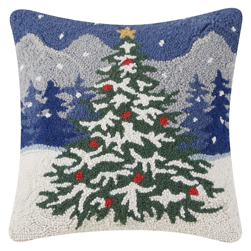 Snowy Night with Christmas Tree Hook Throw Pillow