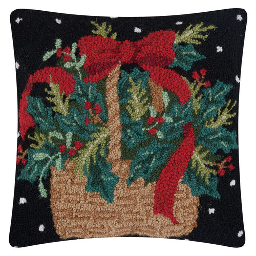 Basket with Holly Branches Hook Throw Pillow