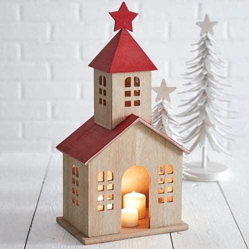 Holiday Schoolhouse Wooden Candle Lantern