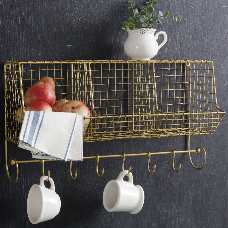 Gold Storage Basket Shelf with Hooks