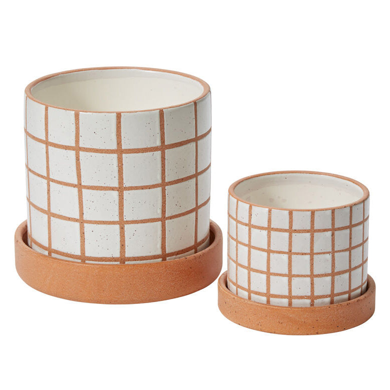 Grid Line Pot with Saucer Set of 2