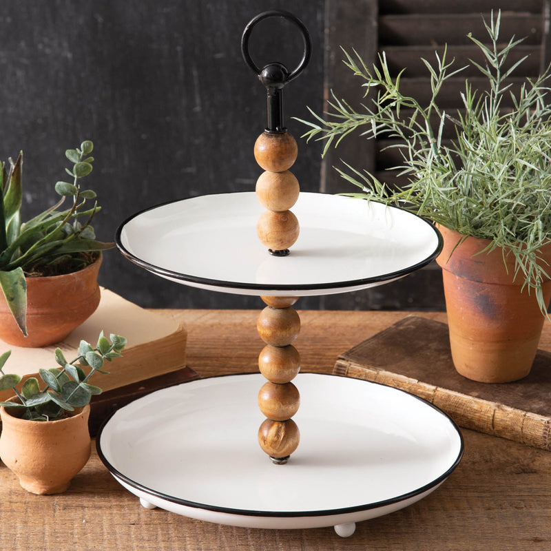 Wood Beads and Metal Two-Tier Tray