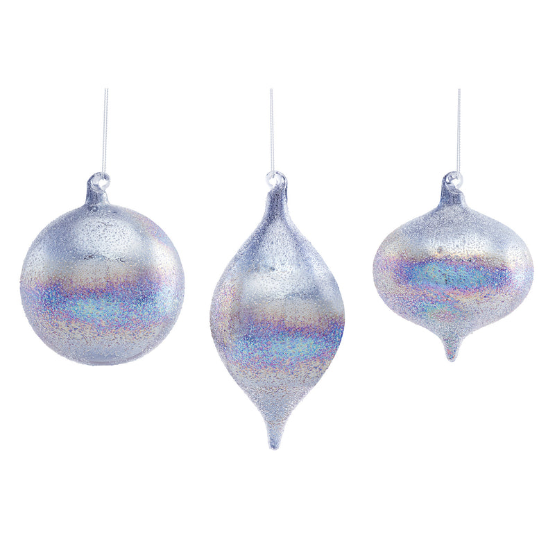 Irredescent Silver and Blue Glass Ornament Set of 6