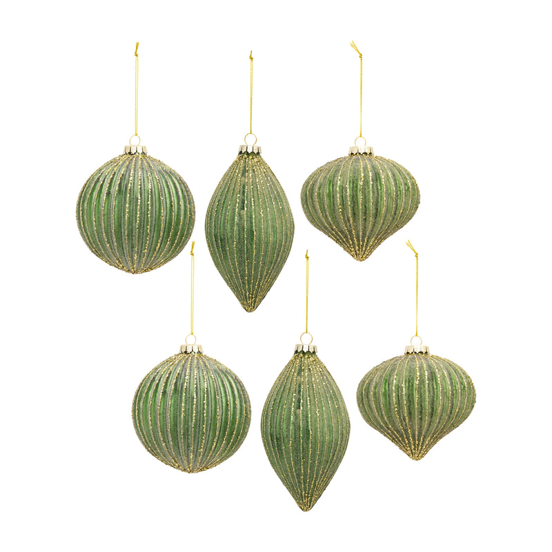 Ribbed Green Glass Ornament Set of 6