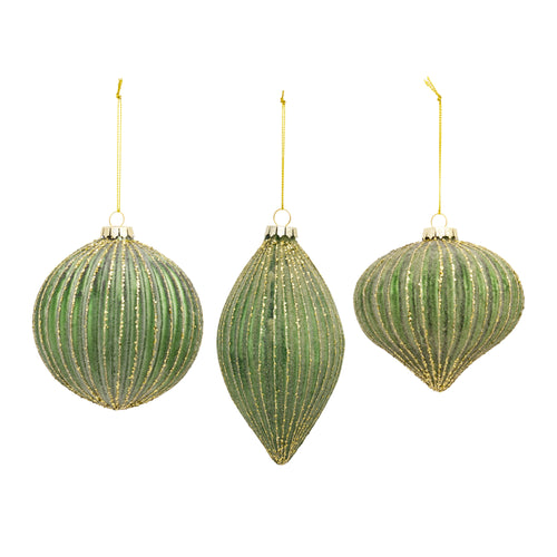 Ribbed Green Glass Ornament Set of 6