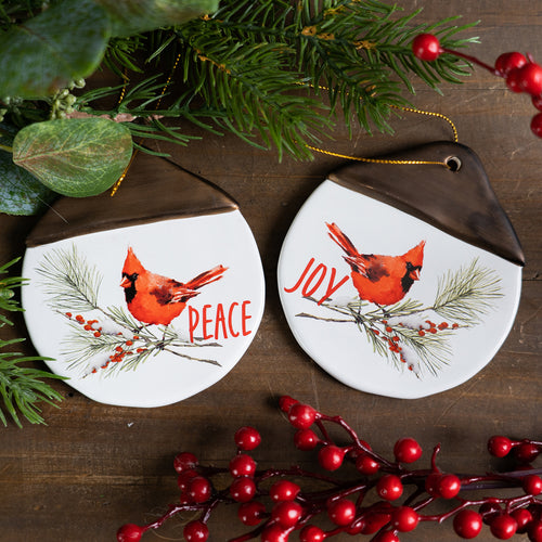 Cardinal Pine Branch Peace Joy Tag Ornament Set of 12