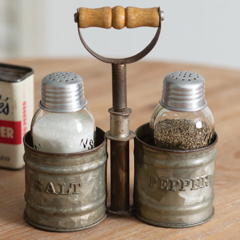 Galvanized Salt and Pepper Holder with Wood Handle