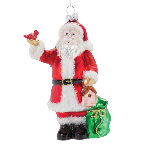 Glass Santa with Cardinal Bird Ornament Set of 6