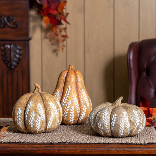 Wheat Print Harvest Pumpkin Sculpture Set of 3