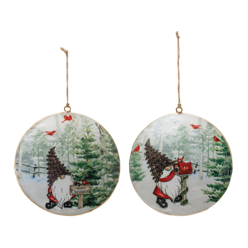 Gnome Cardinal Forest Disc Ornament Set of 6