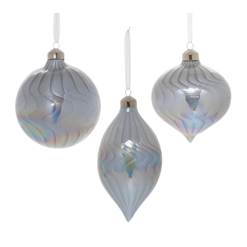 Wavy Iridescent Grey Glass Ornament Set of 6