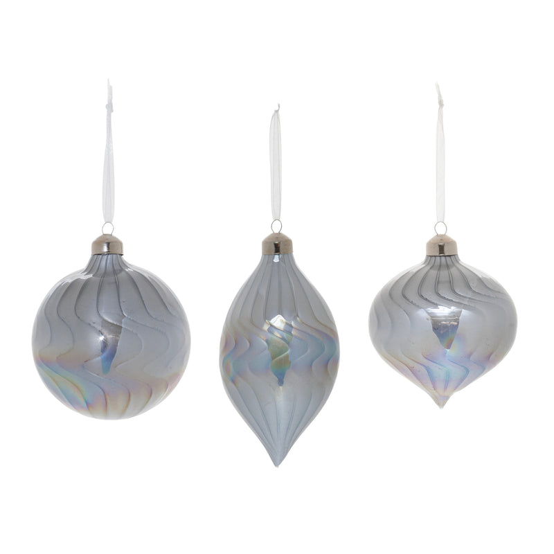 Wavy Iridescent Grey Glass Ornament Set of 6