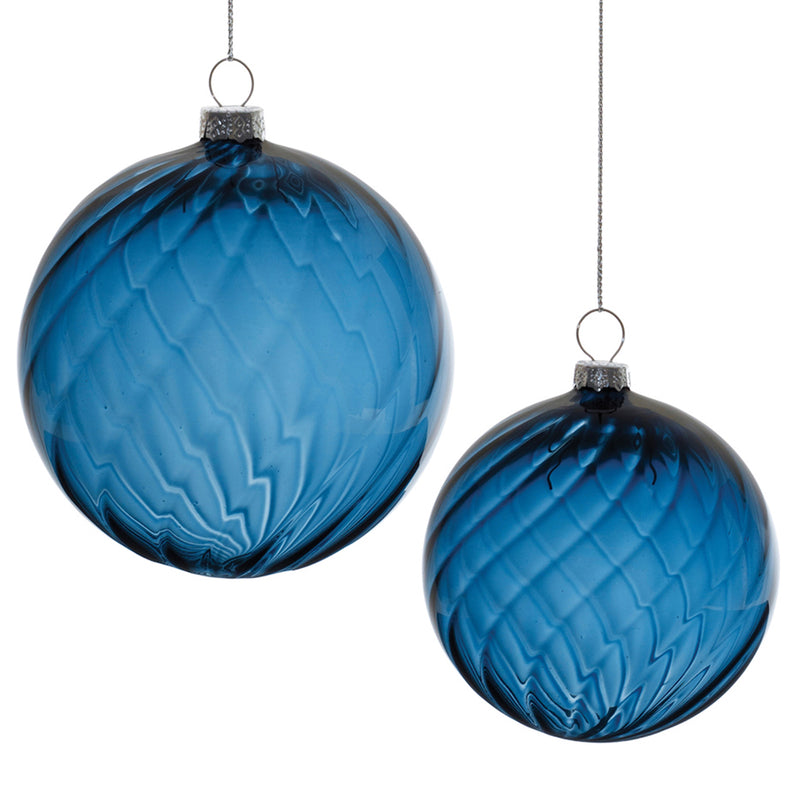 Blue Ribbed Swirl Glass Ornament Set of 6