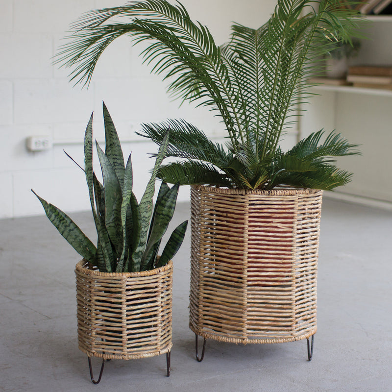 Woven Rush & Iron Planter Set of 2