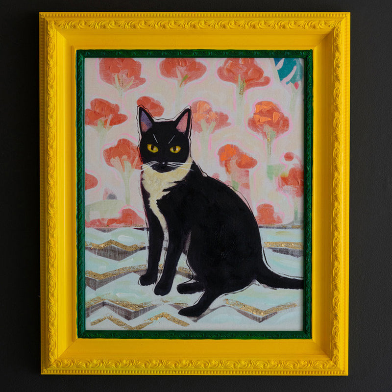 Cat Yellow and Green Framed Artwork