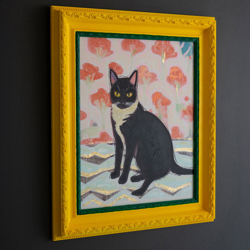 Cat Yellow and Green Framed Artwork