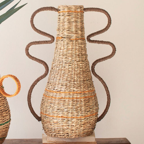 Recycled Paper & Seagrass Vase with Squiggle Handles