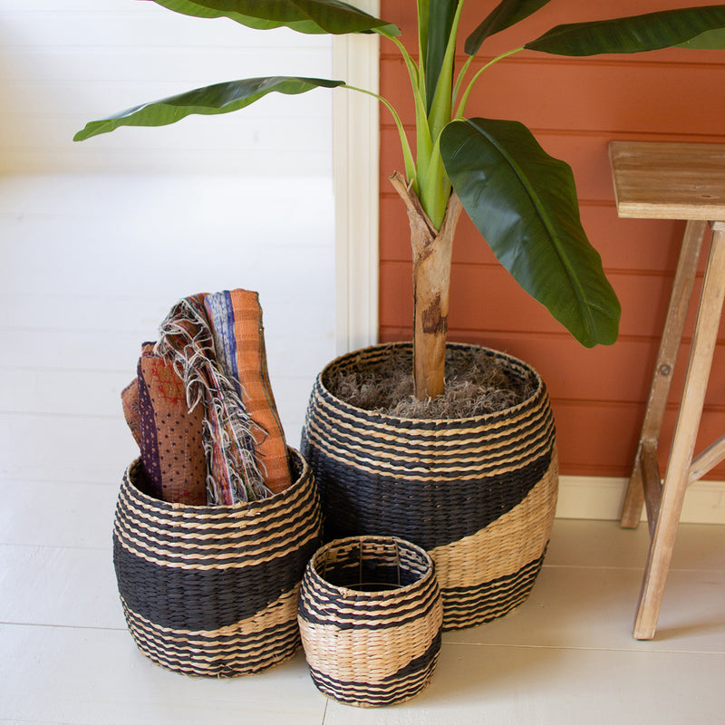 Black & Natural Seagrass Basket Set of 3