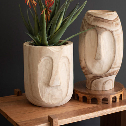 Face Hand-Carved Wood Planter Set of 2