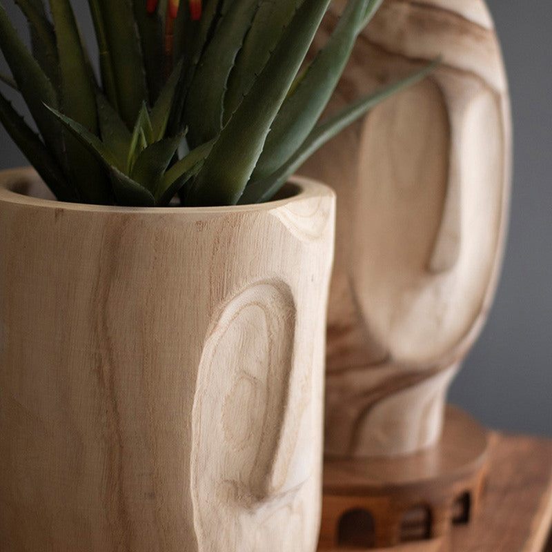 Face Hand-Carved Wood Planter Set of 2