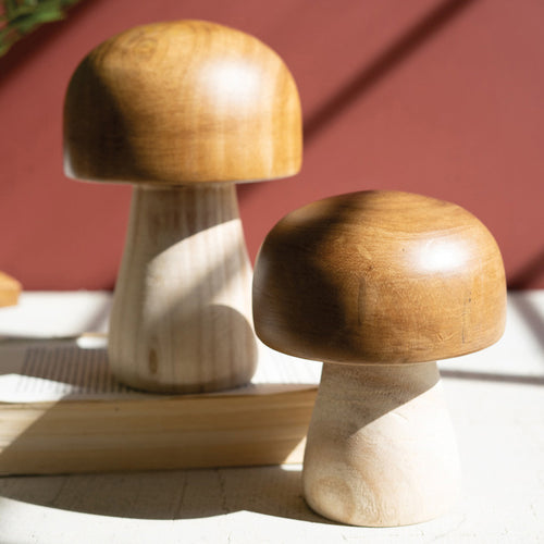 Mushroom Carved Wooden Tabletop Accent Set of 2