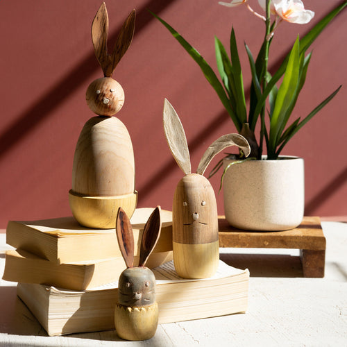 Rabbit Hand-Carved Wooden Tabletop Accent Set of 3