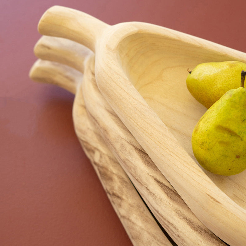 Pear-Shaped Carved Wood Bowl Set of 3