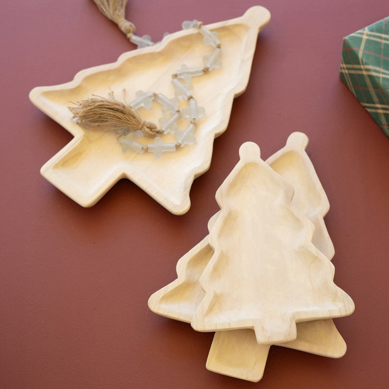 Christmas Tree Carved Wood Platter Set of 3