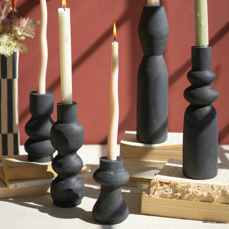 Carved Wooden Taper Candle Holder Set of 5