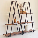 Double A-Frame Iron and Wood Three-Tiered Shelving Unit