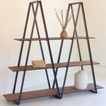 Double A-Frame Iron and Wood Three-Tiered Shelving Unit