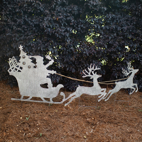 Santa Sleigh and Two Reindeer Corrugated Metal Yard Art