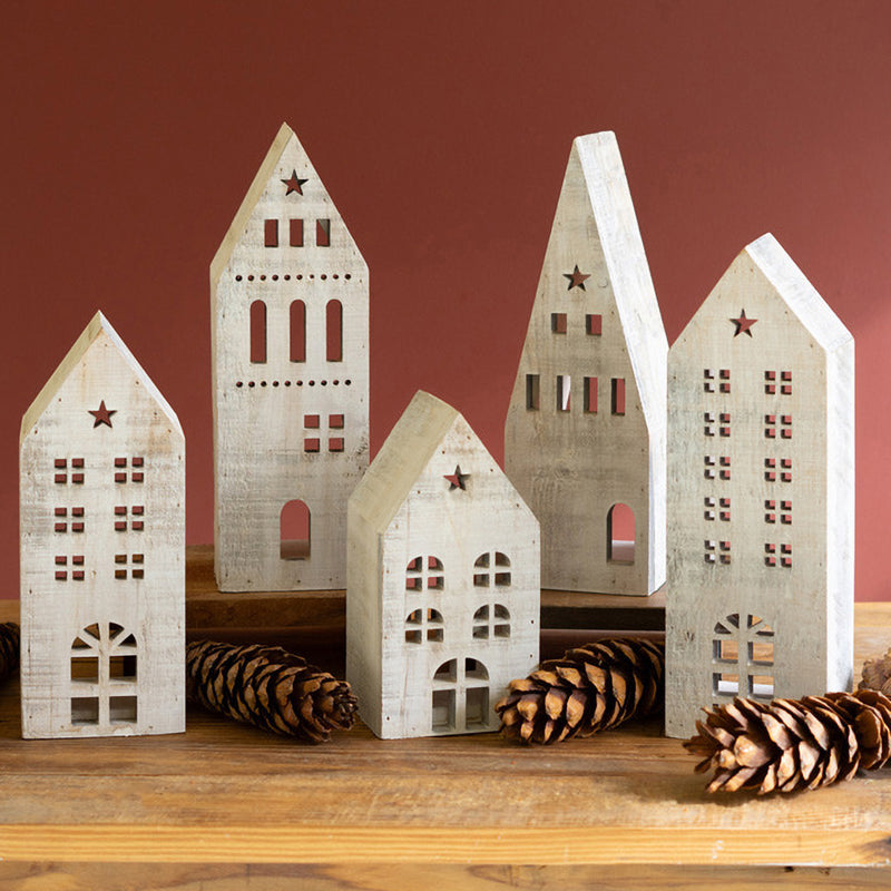 Christmas Village White-Washed Wooden Accent Set of 5