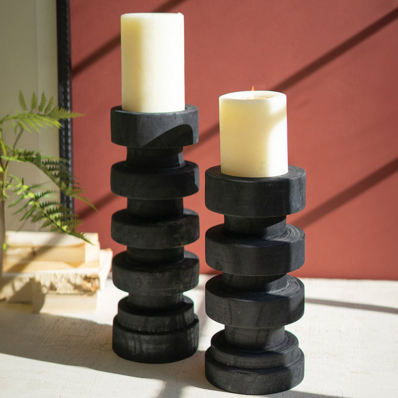 Turned Wood Black Candle Holder Set of 2