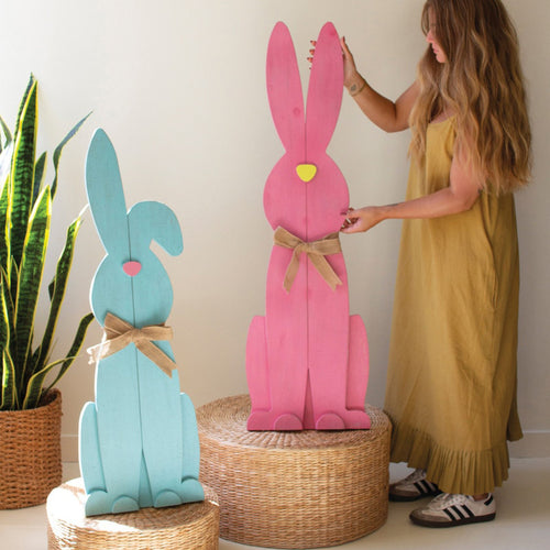 Painted Wood Pink and Blue Easter Rabbit Set of 2