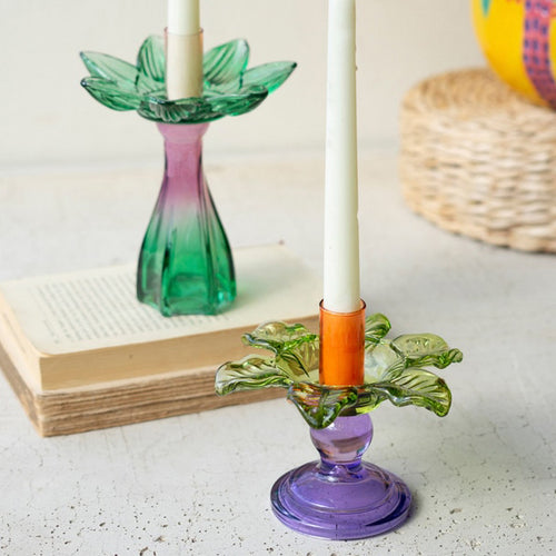 Colored Glass Flower Taper Candle Holder Set of 2