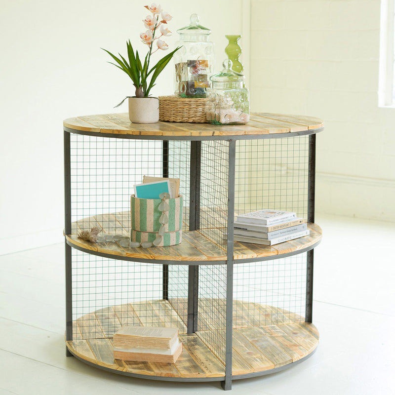 Three-Tiered Round Iron and Wood Display Table