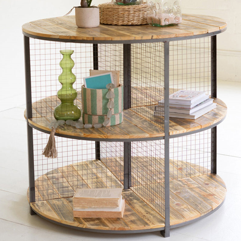 Three-Tiered Round Iron and Wood Display Table